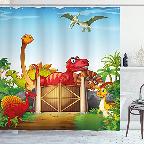 ABAKUHAUS Dino Duschvorhang, Cartoon-Dinosaurier in Park, Stoffliches Gewebe Badezimmerdekorationsset mit Haken, 175 x 240 cm, Blau Orange Grün