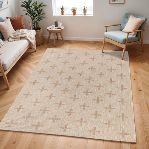 Livabliss Gavina Sannat Indoor Outdoor Carpet 160x213 cm – Boho Style for Living Room, Dining & Kitchen, Waterproof, Stain Durable, Tan, Cream & Beige