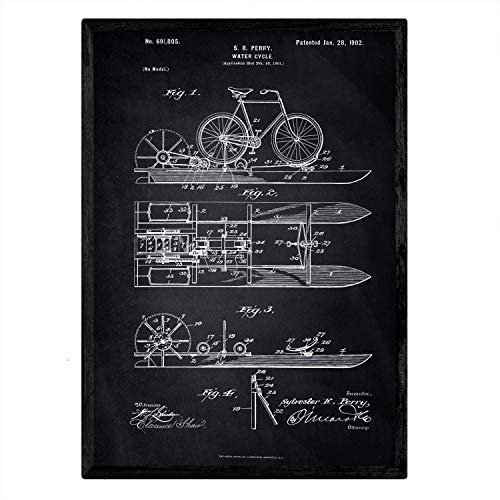 Nacnic Poster patentiertes Wasserfahrrad. Blatt mit altem Design-Patent A3-Format mit schwarzem Hintergrund