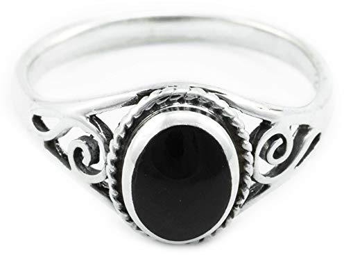 Windalf Zarter Ring Lucy 0.9 cm Onyx mit Lebens Spiralen Midi Ring 925 Sterlingsilber (Silber, 50 (15.9))