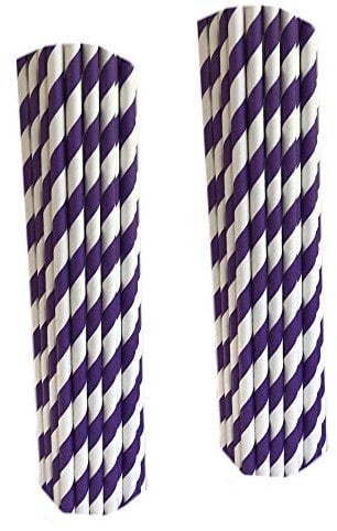 Paper Straws Drinking 100 Striped Biodegradable Boxed Straws for Childrens Parties Weddings (Purple)