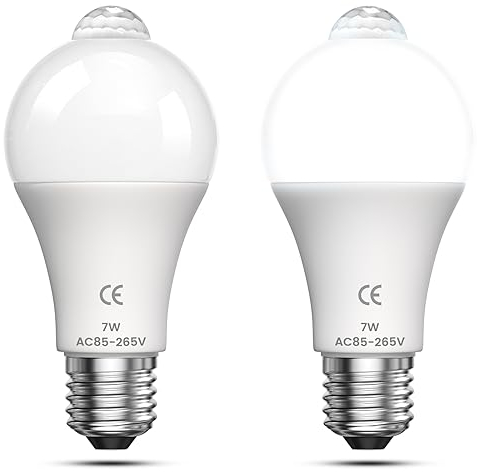 Bonlux 7W E27 PIR Infrarouge Ampoule LED avec Détecteur de Mouvement ON/OFF Automatiquement A60 220V 700lm équivalent 70W Halogène pour Escalier Couloir Garage(Lot de 2, Blanc Froid 6000K)