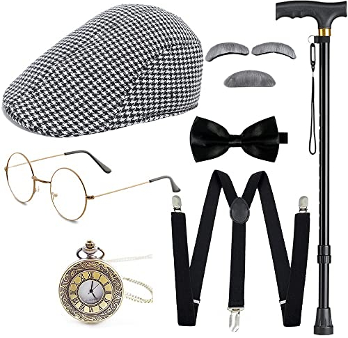 Gionforsy 20er Jahre Kostüm Accessoires Set für Herren 1920s Zubehör Set mit Hut Brille Hosenträger Fliege Taschenuhr Stock Bart für Great Gatsby Party Halloween Karneval Fasching (Hahnentritt)