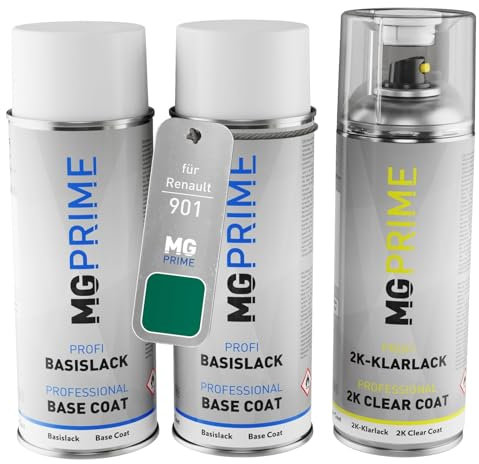 MG PRIME Autolack 2K Spraydosen Set für Renault 901 Vert Vertigo Nacre/Vertigogrün Mica Grundlack Basislack 2 Komponenten Klarlack Sprühdose
