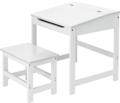 habeig Kindertisch mit Stuhl Hocker Kinderpult Weiss Kinderschreibtisch Hocker + Schreibtisch 57x55x45cm MDF Tisch & Stuhl Kinderzimmer