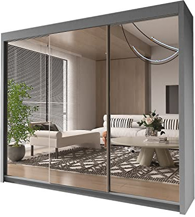 INTERWOOD Modern Full Mirror 2&3 Sliding Doors Wardrobe With Adjustable Shelves, Hanging Rails, Bedroom Furniture (Grey 250cm)