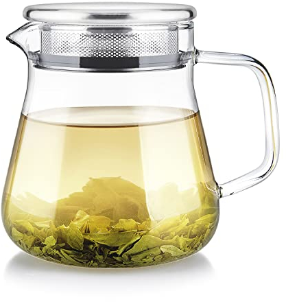 Teabloom One-Touch Teebereiter, 2-in-1 Teekanne und Wasserkocher mit Edelstahl-Filterdeckel für losen Tee - Fleckenfreie Teekanne aus Borosilikatglas (15 oz) - Tee-Kenner Wahl
