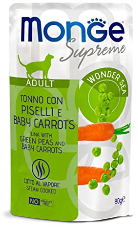Monge Supreme Adult Tuna with Green PEAS and Baby Carrots, Nassfutter für Katzen (Katzenfutter aus Thunfisch mit grünen Erbsen und Babymöhren, sehr Ballaststoff- & Vitaminreich, 80 g)