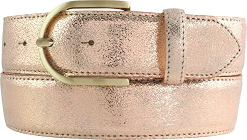 BELTINGER Damen-Gürtel mit Metall-Optik Echt Leder 4 cm | Leder-Gürtel Metallic-Look 40mm glänzend | Metall-Ledergürtel mit goldener Gürtelschnalle | Roségold 115cm