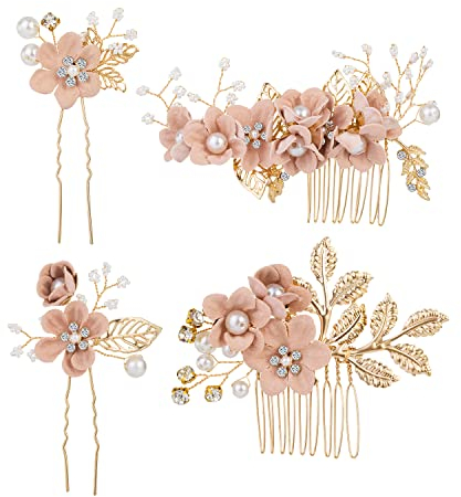 4 Stück Gold Perle Haarschmuck Hochzeit Trocken Blumen Dirndl für Damen Mädchen,Altrosa Pink Rose Blume Strass Kristall Haarkamm Haarnadeln Brautschmuck Haarspangen Haarklammern für Braut Brautjungfer
