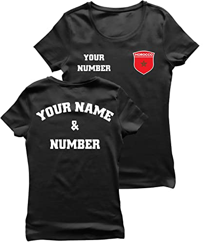lepni.me Damen Marokko Fußball T-Shirt mit Ihrem Namen und Nummer | Marokkanische Flagge Abzeichen Personalisierte Trikot Weltmeisterschaft 2022 (XL Schwarz Mehrfarben)