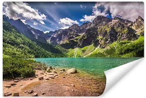 Muralo Selbstklebende Vlies Fototapete SEE MORSKIE OKO Tatra Berge Wald Bäume Pflanzen Steine Natur Landschaft 3D für Wohnzimmer Schlafzimmer Br. 368cm x Hö. 254cm