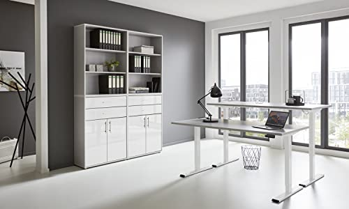 moebel-dich-auf Arbeitszimmer e-TABOR 20 in diversen Farben höhenverstellbar (Gestell: weiß, Korpus-Front: lichtgrau/weiß Hochglanz, Tischplatte: lichtgrau, Abmessung Tischplatte: 160 x 80 cm)