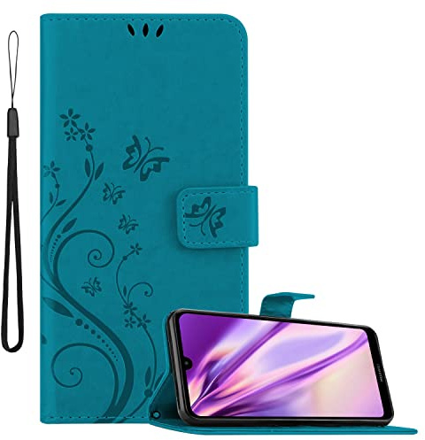 Cadorabo Hülle kompatibel mit Huawei Y7 2019 / Y7 Prime 2019 in FLORAL BLAU - Schutzhülle im Blumen Design mit Magnetverschluss, Standfunktion und Kartenfächern