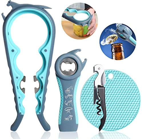 Glasöffner Schraubdeckelöffner Flaschenöffner Kit für Senioren, 5-in-1 Multifunktion Glasöffner, Design für Kinder, ältere Menschen und Arthritis-Betroffene, Silikon-Handgreiferhilfe