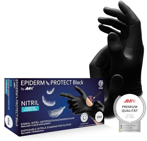 AMPri Nitrilhandschuhe, Low Derma, schwarz, 100 Stück/Box, Größe XL, puderfrei, Epiderm Protect Black by Med-Comfort: Nitril Einmalhandschuhe, Einweghandschuhe in den Größen XS, S, M, L, XL