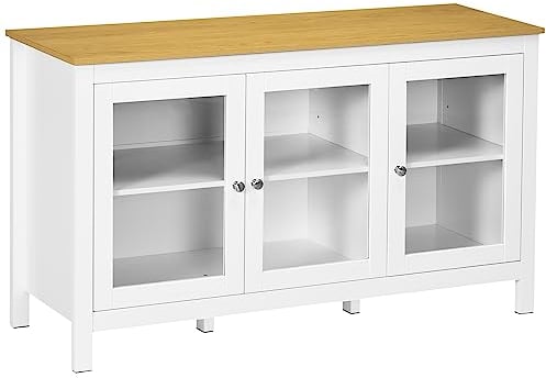 HOMCOM Buffet Meuble de Rangement avec 3 Portes vitrées 2 étagères réglables Plateau Aspect Bois Clair - 120 x 40 x 70 cm Blanc