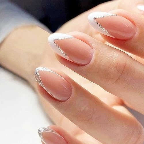 24Pcs French White Tip False Nails - Medium Square Fake Nails French Press on Nails, Glue-on Nails Full Cover White & Glitter Silver Edge Designs for Women Girls (Glitter Silver Edge)