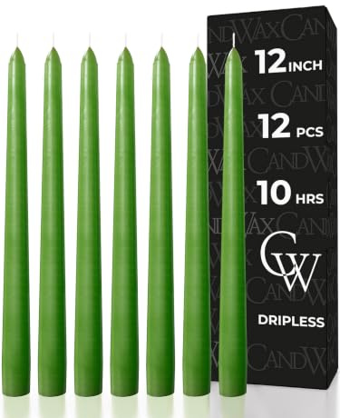 CANDWAX 30 cm Taper Candles Set of 12 - Dripless and Smokeless Candle Unscented - Slow Burning Candle Sticks Ideal as Dinner Candles – Green Candles