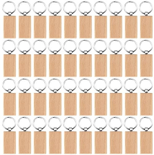 Asuinxurr Porte-clés en Bois Rectangle 40 Pièces - Bricolage Personnalisé pour Peinture, Décoration, Cadeaux - Couleur Bois et Argent, 18*16*4cm