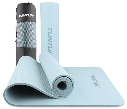 Tunturi Dicke Yogamatte 8mm - Rutschfest Gymnastikmatte - Mit Tragegurt - Für Yoga und Pilates - Sportmatte 183x61x0,8cm -Schadstofffrij - Besonders komfortabel - Hellblau