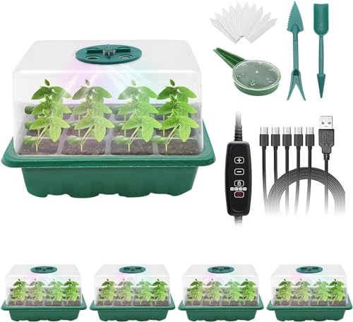 MYMULIKE Seed Trays with Grow Light, 5PCS 60 Cells Trays Propagator Growing Thicken Seedling Starter Propagator Trays with Heightened Lids, Mini Greenhouse for Indoor Plants (GREEN)