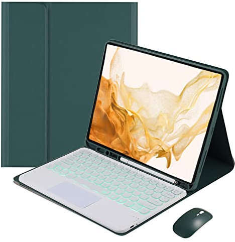 VLEAQC Keyboard Case for Samsung Galaxy Tab S8 Plus 2022/S7 FE 2021/S7 Plus 2020 12.4 Inch with Mouse, 7 Color Backlight Bluetooth Touch Keyboard, Slim Protective Cover with Pen Holder,Dark Green