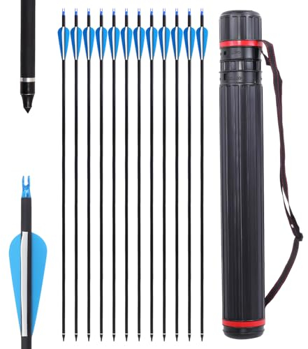 Fiita 12 Stück Carbonpfeile Pfeile für Bogenschießen 30 Zoll Pfeil Set mit Pfeil Quiver für Compound Recurve Bogen, 12 Pcs Pfeil und 1Pcs Pfeilfeld(80cm Länge)