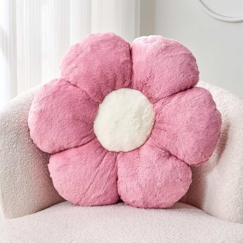 Kcvvcr Coussin décoratif en forme de fleur rose poudré avec fausse fourrure de lapin, 37,8 cm en peluche douce pour chambre à coucher et salon