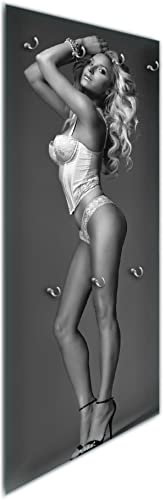Wallario Wandgarderobe aus Glas in Größe 50 x 125 cm in Premium-Qualität, Motiv: Sexy Beine - Blondine mit Langen Beinen in Unterwäsche | 7 Kleiderhaken zum Aufhängen von Jacken