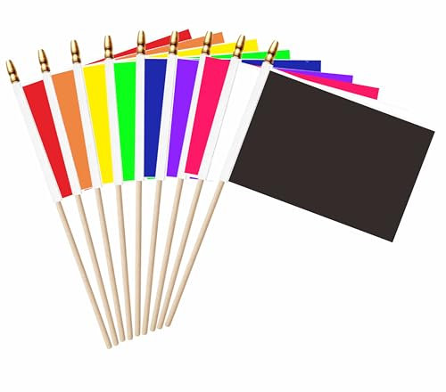LUSEOAN Paquete de 20 banderas de palo de madera, color rojo, blanco, azul, negro, naranja, amarillo, verde, morado, rosa, de 5 x 8 pulgadas, color sólido, en blanco, pequeñas banderas lisas en