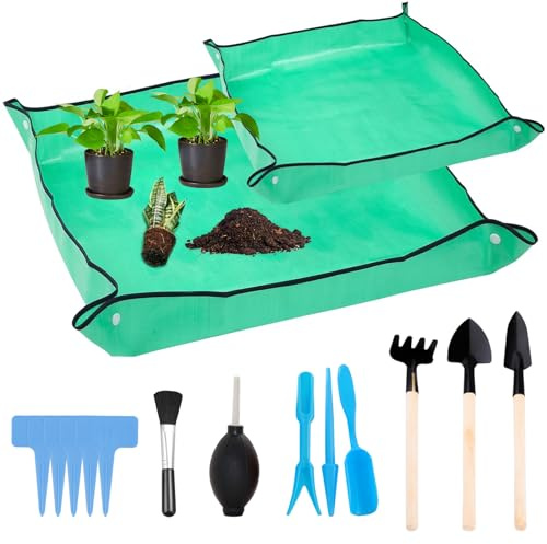 ZIGefofo Pflanzen Umtopfmatte Set | 2 Stück wasserdichte Gartenmatte Pflanzmatte mit 13 Stück Gartengeräte Praktisch Gartenwerkzeug für Gartenbaubepflanzung Umpflanzen Beschneiden Umtopfen-Grün