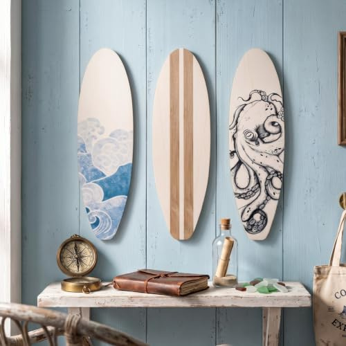 RattanView 3 Stück Surfbrett Holz Strand Dekor für Schlafzimmer Surfbrett Wanddekoration Sommer Holz Wandbehang Schild für tropische Schlafzimmer Wohnzimmer Dekoration (Ozean)
