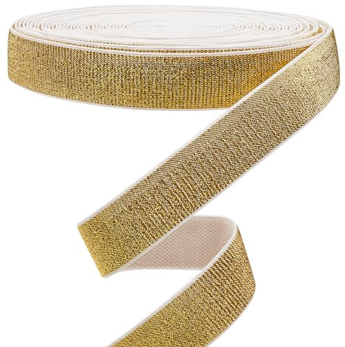 GORGECRAFT 11m Goldene Glitzer-Gummibänder 2.5cm Breit Metallisches Stretch-Nähband Gewebtes Strickband Spule Stirnband Zum Basteln von Hosenbund Taillengurt Kleidungsstück Kleidungszubehör