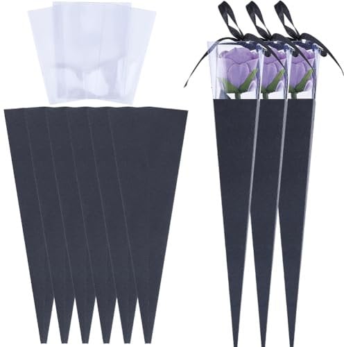 GORGECRAFT 10Pcs Single Rose Flower Gift Bags Bouquet Flowers Cone Sleeve Wrapping Paper DIY Flower Holder Packaging Bag for Valentines Day Wedding Birthday Gifts Anniversary Party Black