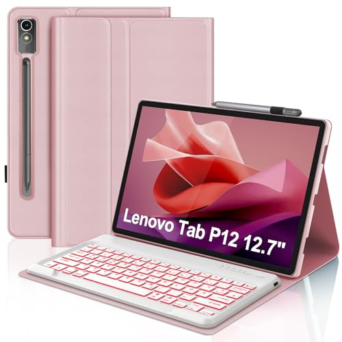 IVEOPPE Hülle mit Tastatur für Lenovo Tab P12 12.7 2023, 7 Farbige Beleuchtung, Magnetische Bluetooth Abnehmbare QWERTZ Tastatur für Lenovo P12 Tablet 12,7 Zoll, Rosa