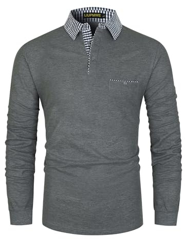 LIUPMWE Mens Polo Shirt Long Sleeve Contrasting Plaid Splice Cotton Polo Shirts,Grey-YT29,XXL