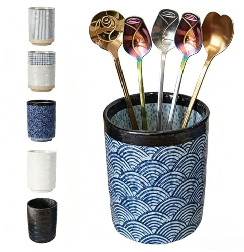TOPYOKK Porte-ustensiles de bar en grès pour café, cuillère à thé et café et mélangeur pour mélangeur, paille, cuillère à café, cuillère à expresso, tasse à petits ustensiles (vague bleue)