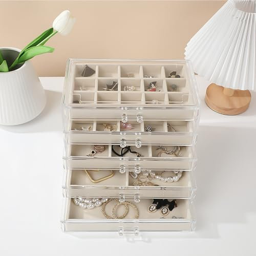 Jinavoty Caja organizadora de joyas de acrílico con bandejas de terciopelo, almacenamiento transparente para pendientes y anillos