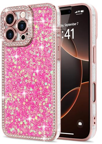 Lafunda for iPhone 16 Pro Max Case for Womens Girls, Luxury Bling Glitter Diamond Crystal Festival Shiny Case Camera Protection Shockproof Silicone TPU Phone Cover for iPhone 16 Pro Max 6.9, Hot Pink