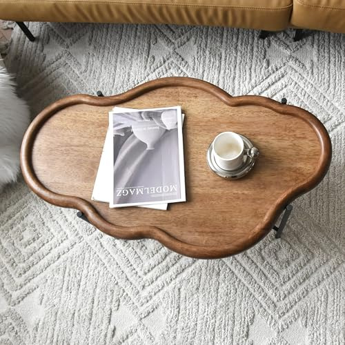 Zouron Couchtisch Holz Oval Ellipse Wohnzimmertisch Wie Wolke aus Holz Coffe Table Vintage Dunkelbraun Retro Tisch 1pcs Metallgestell 89x50x40cm
