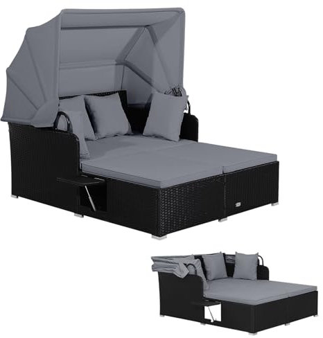 LIFEZEAL Sonnenliege Set Poly Rattan, Sonneninsel Gartenlounge mit Klappdach & 2 Teetischplatte, Gartenmuschel mit Kissen, Doppel Gartenliege belastung 360 KG, Polyrattan Lounge Outdoor (Grau)