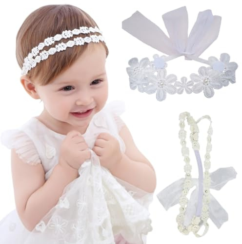 2 fasce per capelli per neonata, fasce per capelli per battesimo per neonata, fasce per capelli con fiori e perle, fasce per capelli in pizzo bianco per bambina, neonata, bambina, bambina piccola