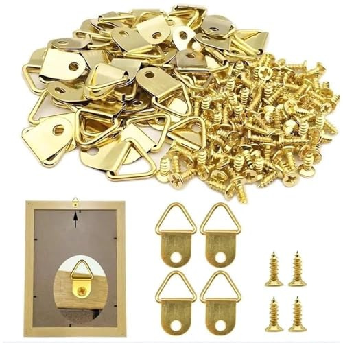 50 Pack Gold Triangle D Rings Picture Hanging Kit - Secure Metal Photo Frame Hooks with Screws & D Rings for Artworks, Canvas, Picture Hanging, Paintings and Home Decor