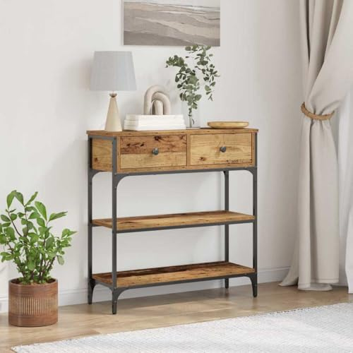 Mokuyary Table console en bois recyclé 72,5 x 25 x 75 cm en bois stratifié et métal - Table basse étroite avec étagères et tiroirs - Table d'appoint pour salon, chambre à coucher, entrée, couloir