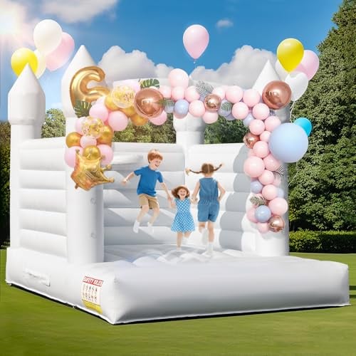2-in-1 Großes Hüpfburgen mit Basketballplatz&Trampolin, Hüpfburg Kinder mit Gebläse, Ballons & Basketball, 100% Kommerzieller Grad PVC Hüpfburg für Geburtstagsfeier, Hochzeiten (Weiß, 420x350x310cm)