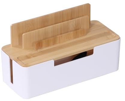 Relaxdays Kabelbox, für 2 Steckdosenleisten, Kunststoff, Bambus, HxBxT: 16x30x13 cm, Tablet- & Handyhalter, Natur/weiß