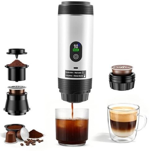 Tragbare Kaffeemaschine, 3 in 1 Akku Kaffeemaschine mit Elektrische Selbsterhitzung über USB - C, Kompatibel mit Kapsel & Gemahlener Kaffee, Mini Espressomaschine für Camping, Auto, Reise (weiß)