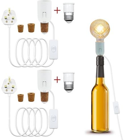 LAKONEI 2 Pack E27 Bottle Lamp Kit with Switch and UK Plug, 240cm Extension Cord & 3 Size Stoppers, E27 to B22 Socket Converter, Table Light Fittings for Bottle Craft Making (Bulb Not Included)