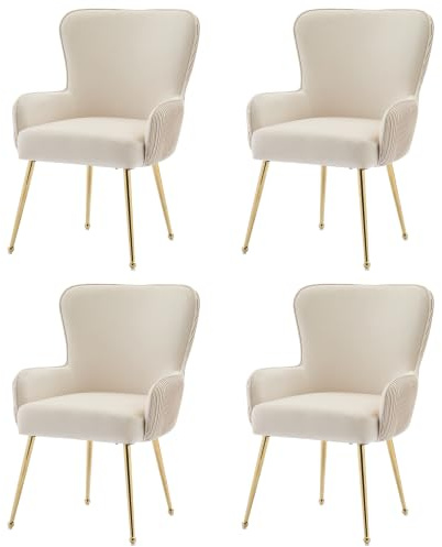 Chaises salle a manger velours beige lot de 4 – Chaise ergonomique avec accoudoirs, dossier plissé, coussin haute densité 10cm, pieds dorés réglables, fauteuil relax pour salon, cuisine, coiffeuse